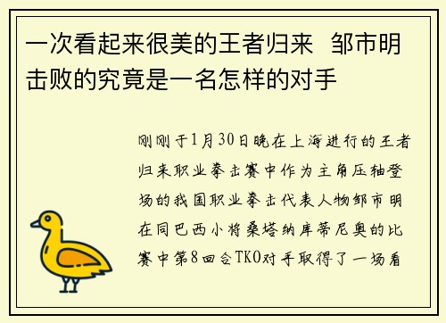 一次看起来很美的王者归来  邹市明击败的究竟是一名怎样的对手